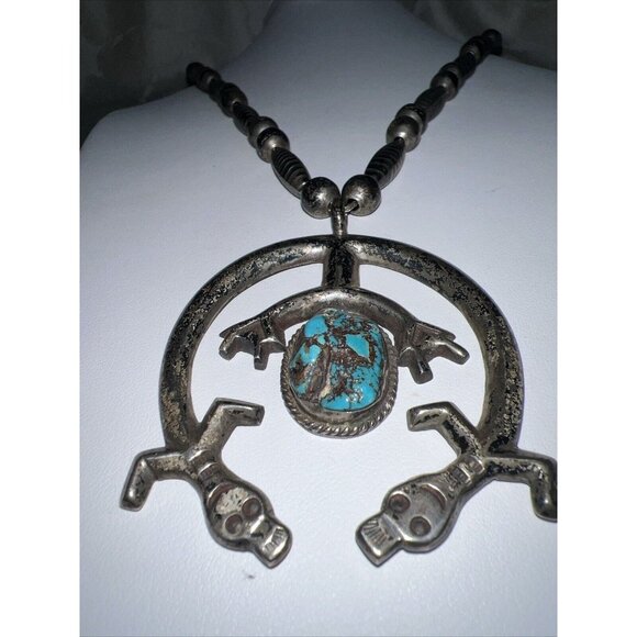 Vintage Navajo Yei Naha . Bead Necklace w/YEI Rainbowman Turquoise Naja 22”